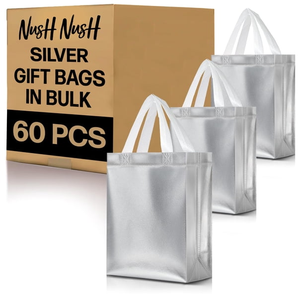 Bolsas de regalo Nush Nush Silver, reutilizables a granel, 20 x 10 x 25 cm, 60 unidades