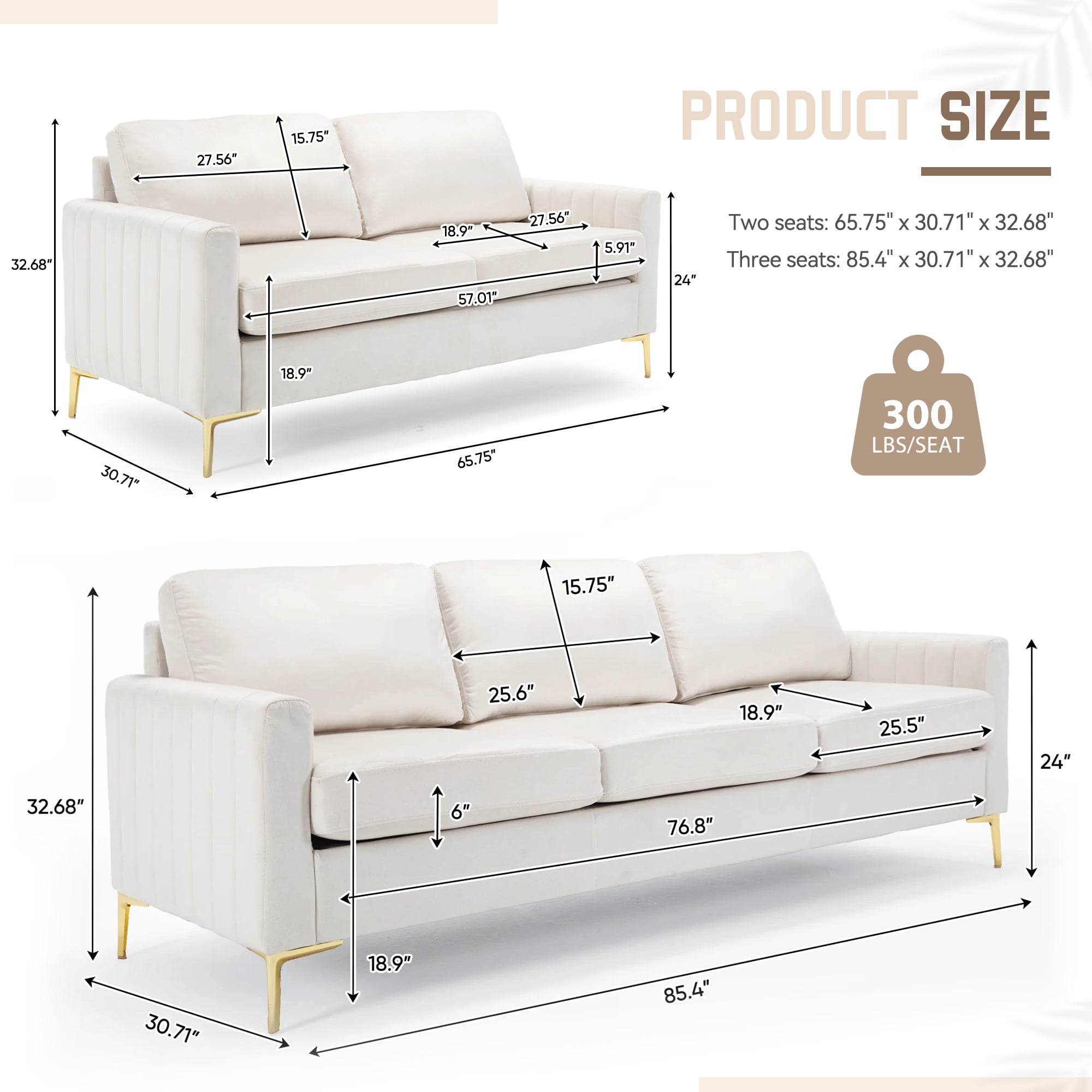 Muumblus Velvet 3 Piece Modern Living Room Furniture Sofa Sets, Beige