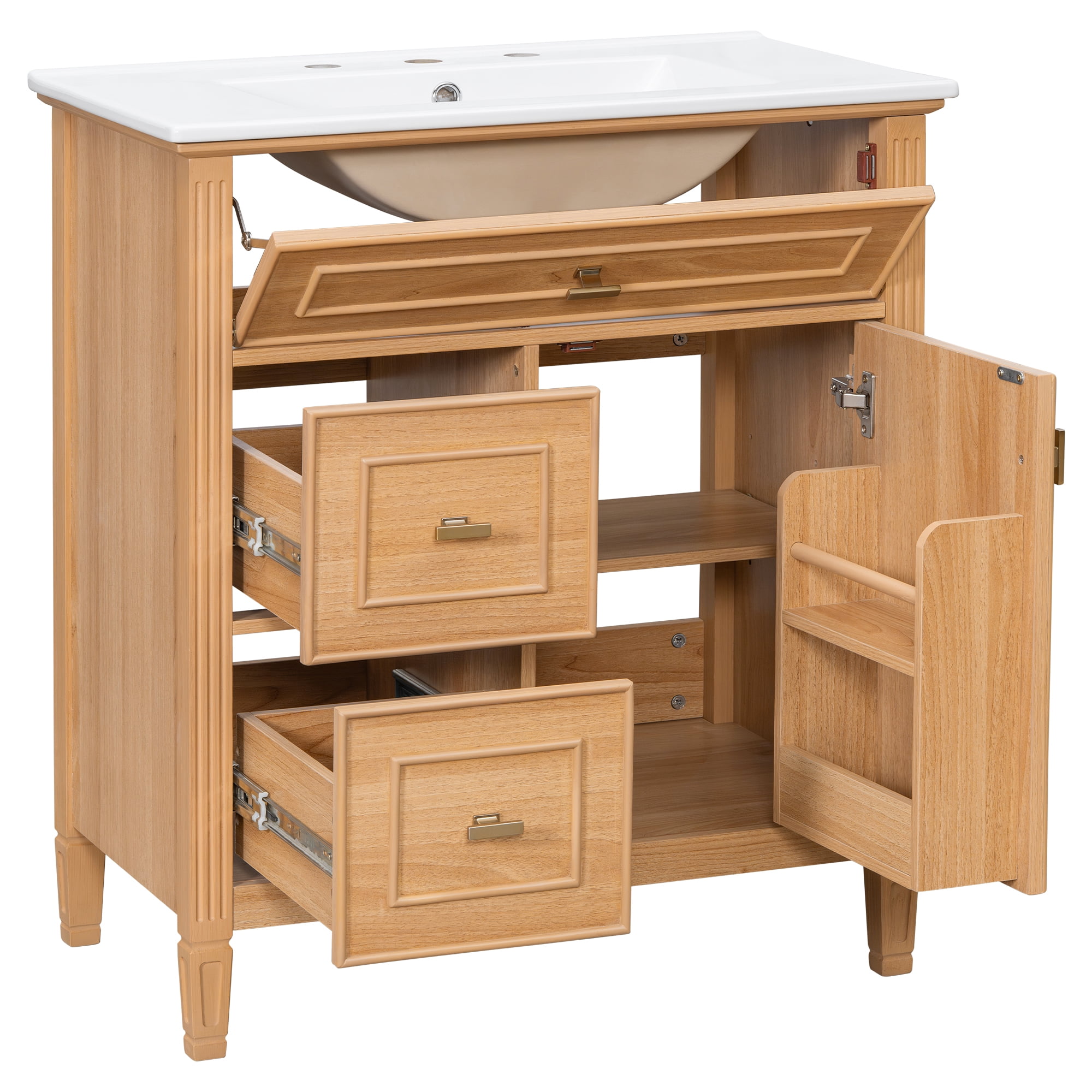 30-Inch Bathroom Vanity with Ceramic Sink and Flip Drawer, Solid Wood Cabinet with Adjustable Shelf for Bathroom, Natural