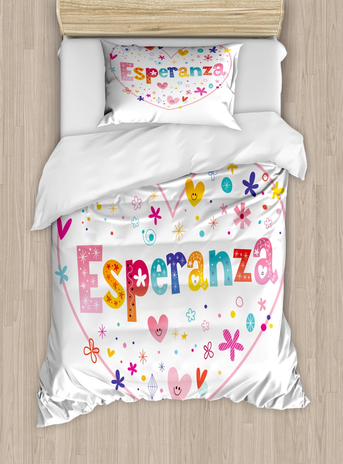 Spanish Duvet Cover Set Twin Size, Esperanza Girls Name in Floral Heart