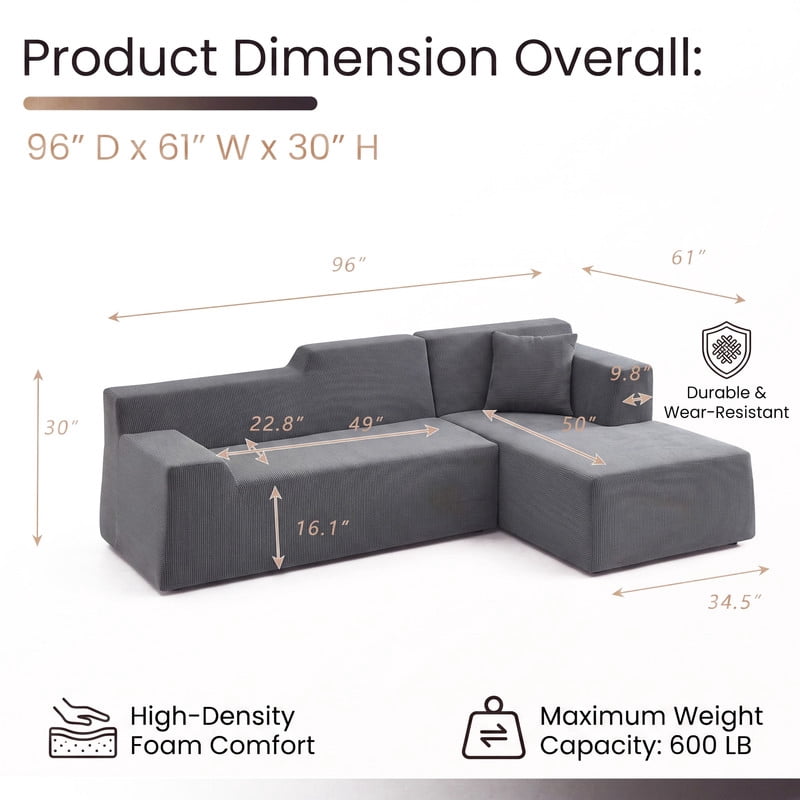 Gewnee 96" Modular Sleeper Sofa Bed, Boneless Sectional Couch with Deep Seat, Boneless Couches for Living Room, Gray（Corduroy）