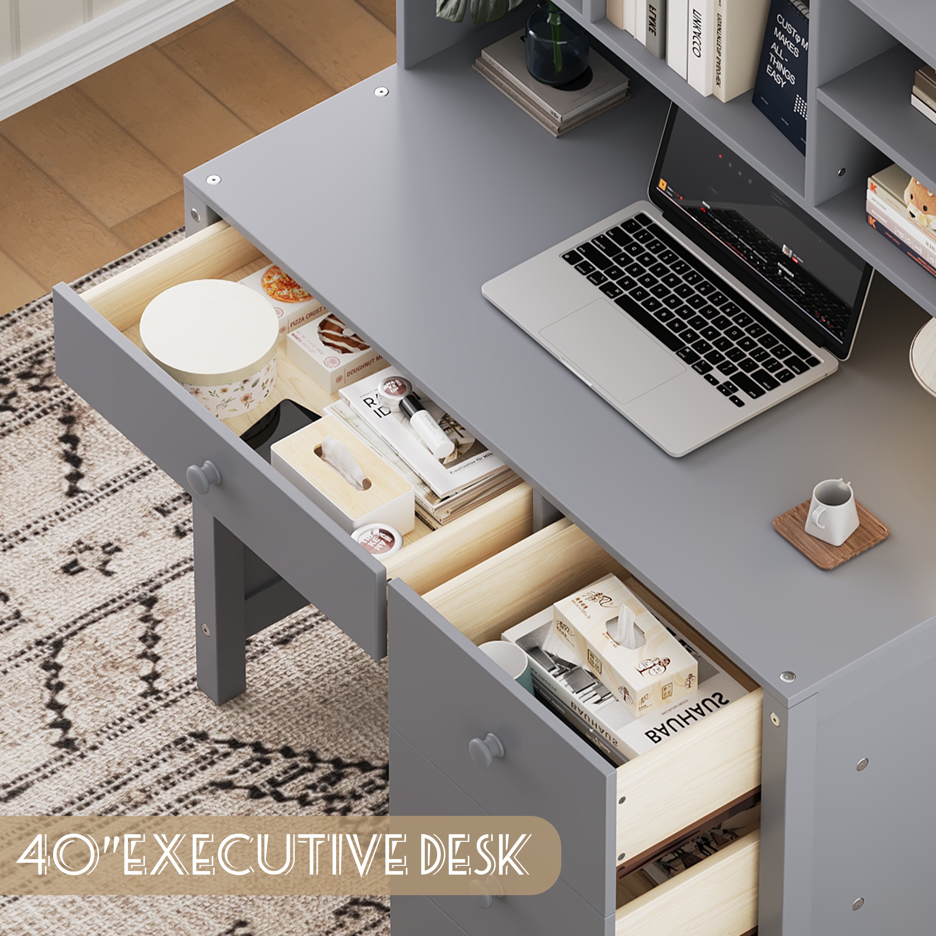 Euroco Vintage 40'' Home Executive Desk and Upholstered Chair Set with Bookshelf, Computer Desk with Four Drawers, Storage Shelf, and Chair