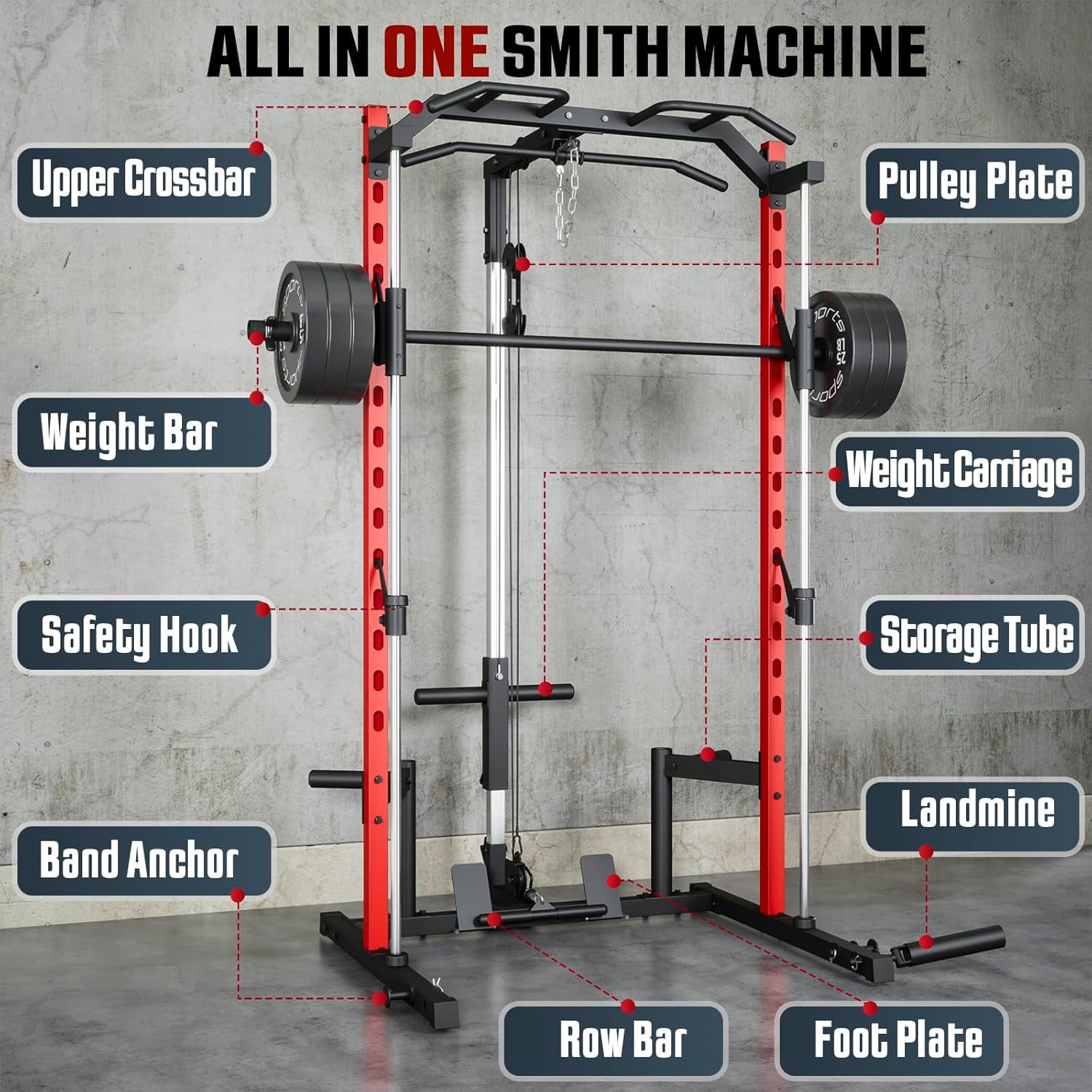 VIBESPARK Smith Machine Power Rack with Lat-Pull Down Pulley System & Cable Row, Multi-Functional Squat Rack Cage with Barbell Bar, Landmine, Pull-up Bar and More Attachment for Home Gym