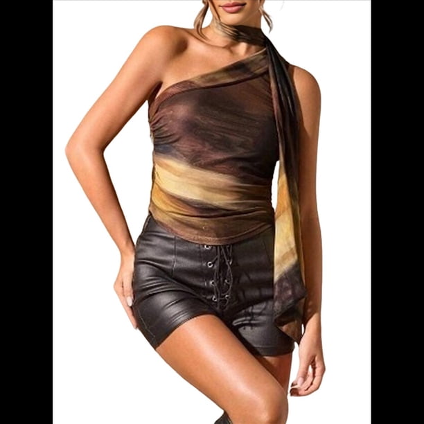 Top de Tubo con Estampado de Guepardo para Mujer, Top de Fruncido Sin Tirantes y Cuello Halter Estampados en Contraste S