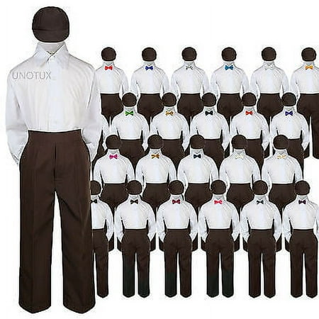 

4 pc Set Bow Tie Boys Baby Toddler Kid Wedding Formal Suit Brown Hat Pants S-7