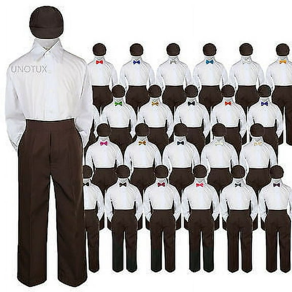 4 pc Set Bow Tie Boys Baby Toddler Kid Wedding Formal Suit Brown Hat Pants S-7