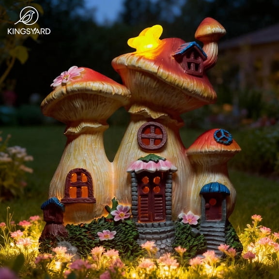 Kingsyard Solar Garden Statue Lights Mushroom Fairy House Figurine, Outdoor Memorial Ornaments