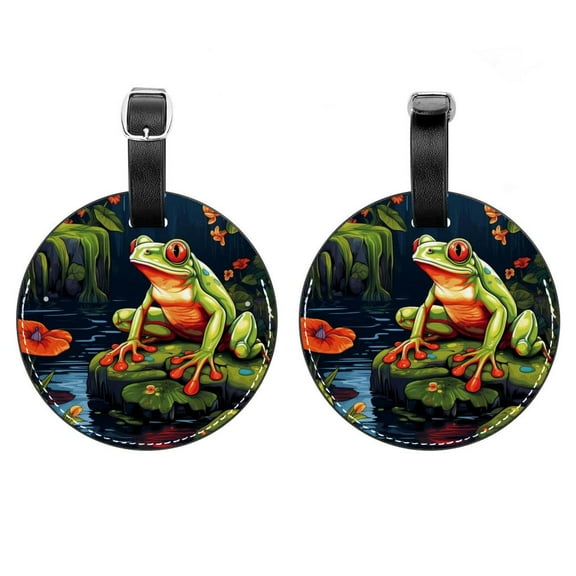 2Pcs Leather Round Frog Cruise Luggage Tag with Privacy Cover and Name ID Tag - Suitable for Travel Handbags Backpacks School Bags Luggage Tags