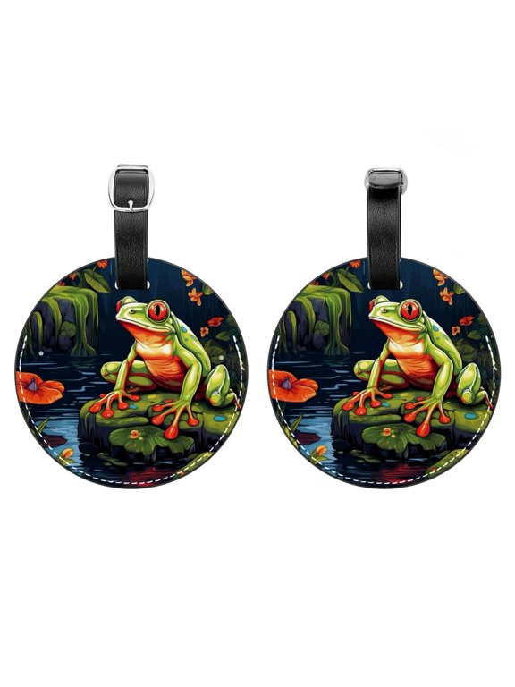 2Pcs Leather Round Frog Cruise Luggage Tag with Privacy Cover and Name ID Tag - Suitable for Travel Handbags Backpacks School Bags Luggage Tags