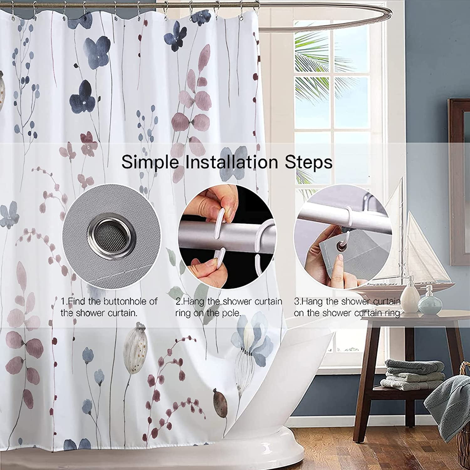 Extra Long Shower Curtain 72x84 inch Length Ink Blue Floral Shower Curtain,Blue and Red Shower Curtains Sets for Bathroom,Modern Minimalist Art Bath Curtain,Waterproof Fabric with Hooks