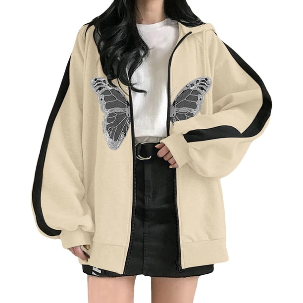 Gibobby chaquetas de invierno largas Sudadera con capucha para mujer Estampado con cremallera Sudadera con capucha Suelta Streetwear Chaqueta Sudaderas con capucha altas para mujer (Caqui, M)