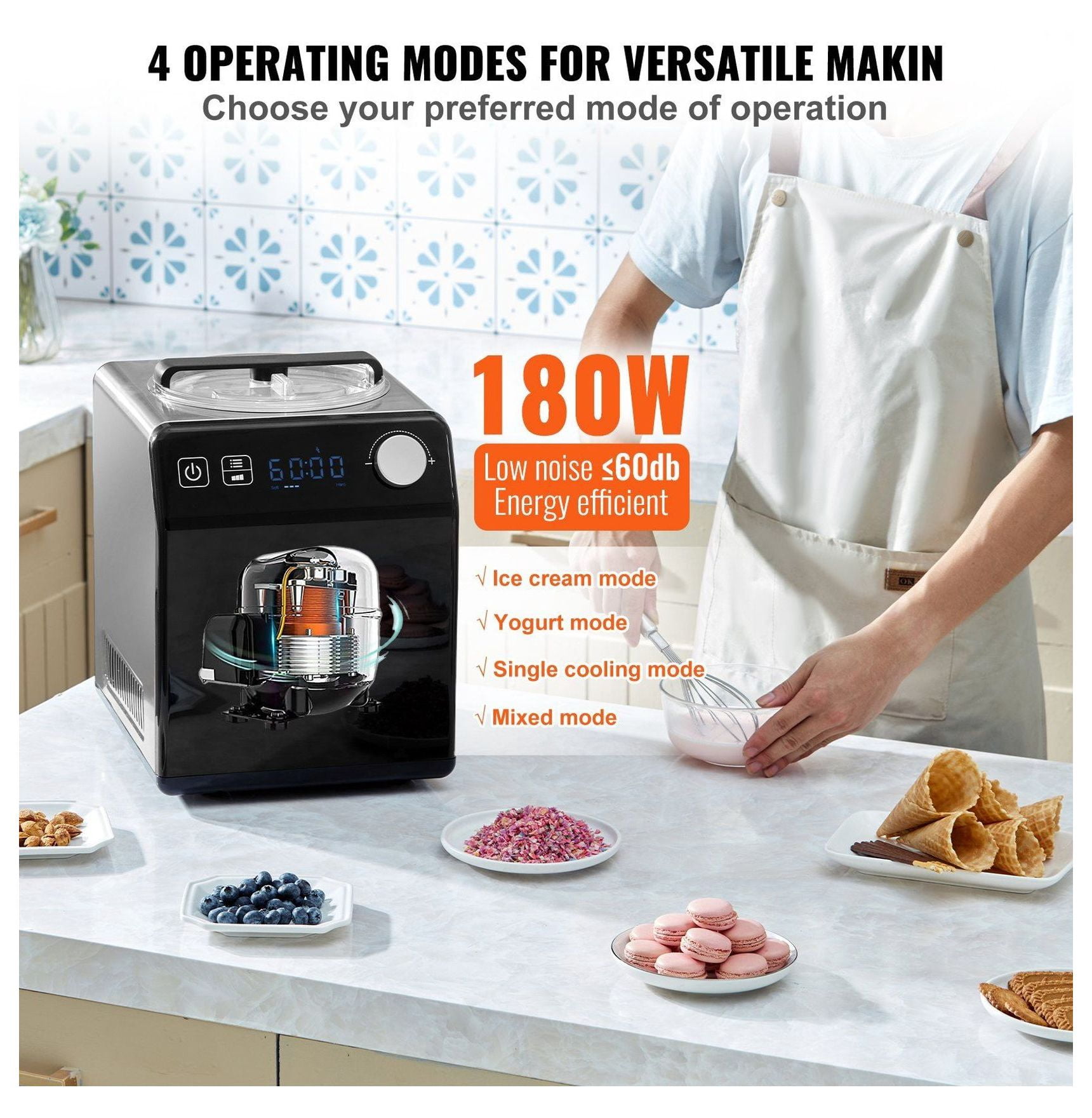Ice Cream Maker, 2 Quart Automatic with Compressor - No Pre-freeze, Fruit & Yogurt, Stainless Steel Sorbet Gelato Machine, 4 Modes, Digital Display