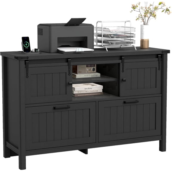 FIAKOA Farmhouse 2-Drawer Lateral File Cabinet, Filing Cabinet with Sliding Doors & Charge Station, Printer Stand Cabinets for Home Office, Black