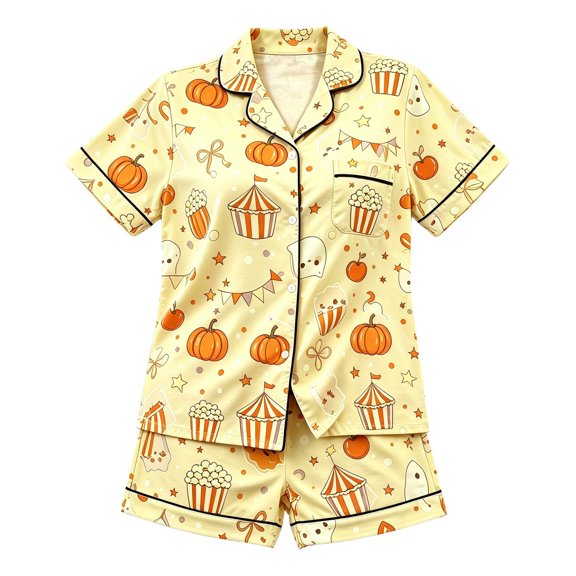 CAIVO Halloween Girls Autumn 2 Piece Pajama Sets Short Sleeve Lapel Button Down Shirts Tops With Shorts Casual Home Wear Pjs