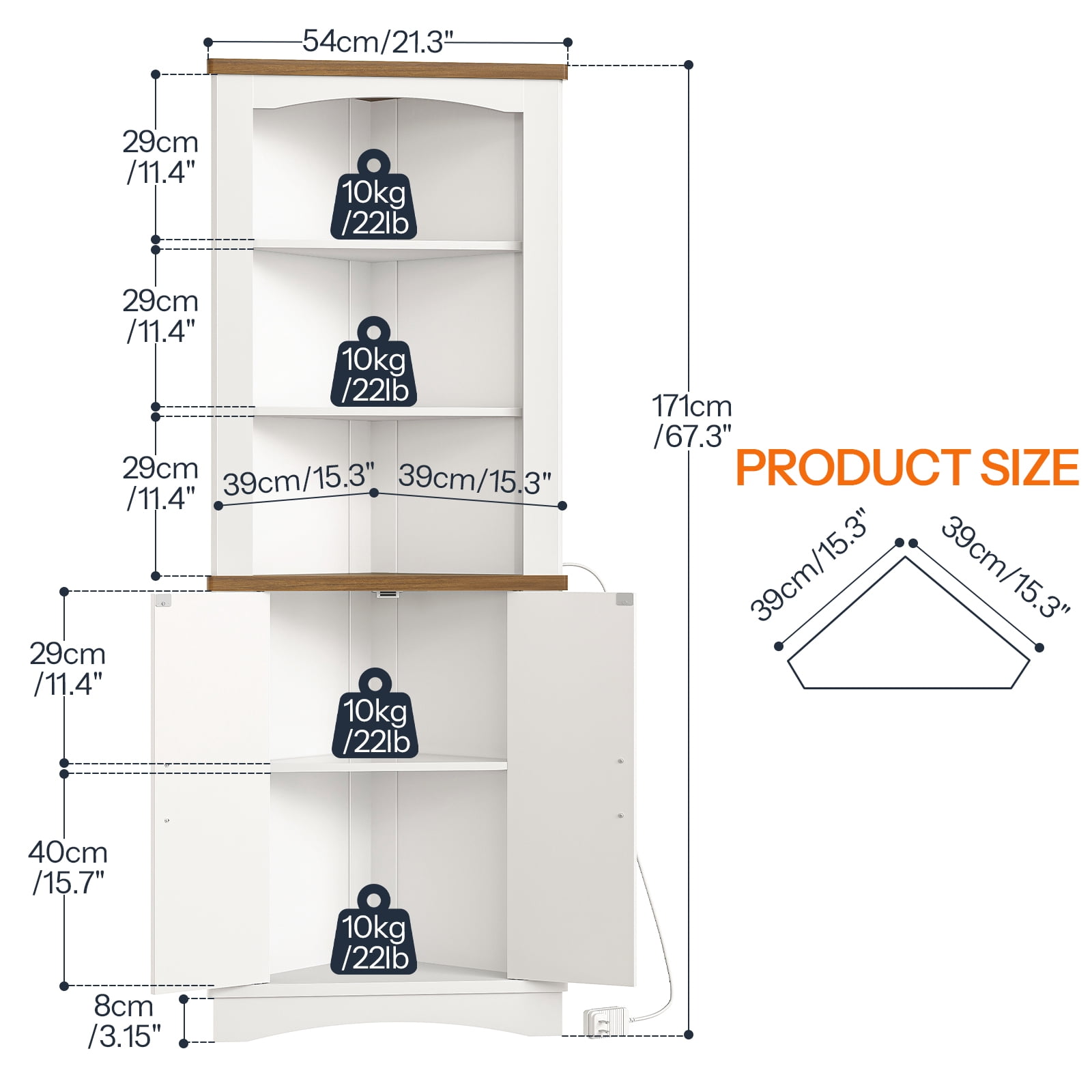HOOBRO Corner Cabinet with LED Lights, 67" Tall Farmhouse Corner Storage Cabinet with Doors, 5-Tier Corner Shelf Bookcase, Bathroom Hutch, for Living Room, Kitchen, White and Walnut WH74DCJ01