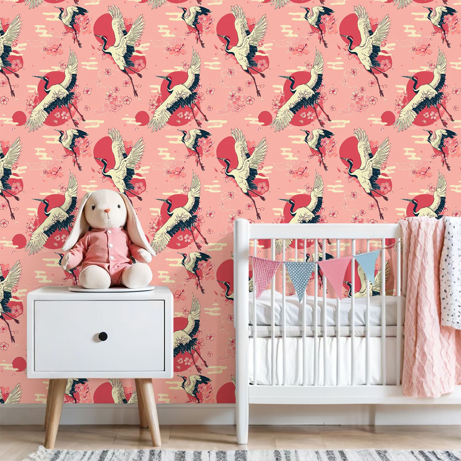 Crane Peel and Stick Wallpaper 23.6in x 9.8ft Cranes Cherry Blossoms Red Sun Retro Contact Paper Vinyl Waterproof Self Adhesive Wall Paper for Bedroom Shelf Cabinet Renter Friendly