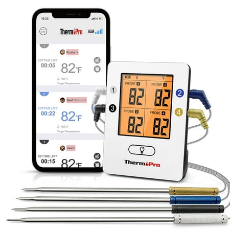 ThermoPro TP25 500FT Bluetooth Meat Thermometer with 4-Probes, Smart Rechargeable Wireless Meat Thermometer for Grilling, Smoker, Oven, Kitchen, BBQ Thermometer with Alarm, Temperature Graph