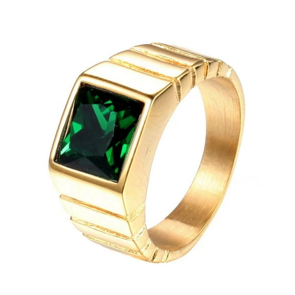 PAMTIER Men's Stainless Steel Gold Plated Minimalism Jewelry Square Green Gemstone Wedding Ring European and American Style Size 10
