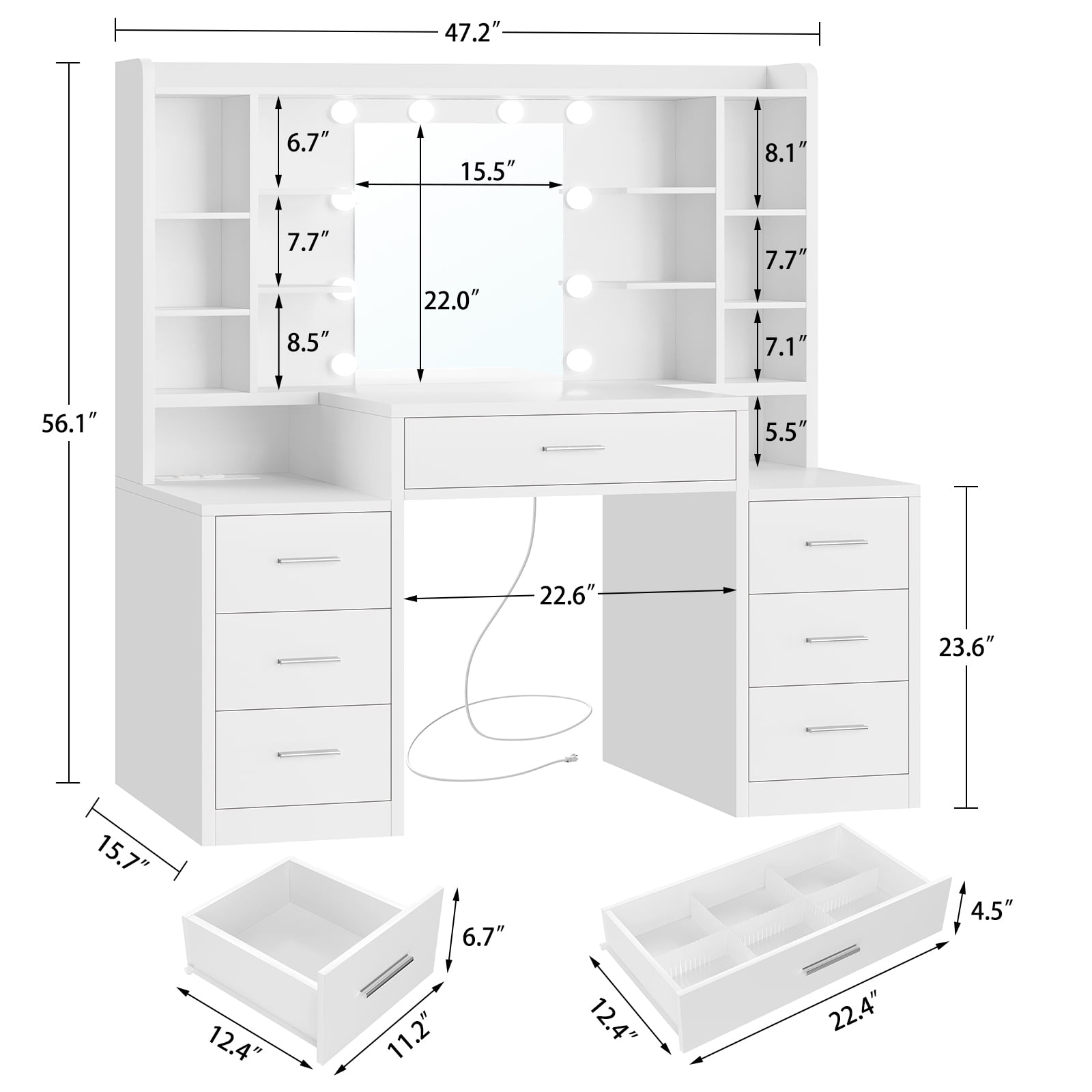 TEENFON 47.2”Vanity Set with Mirror & Lights, Makeup Vanity Desk with 7 Drawers and 8 storage shelves, Vanity Table with Power Outlet, For Bedroom, White