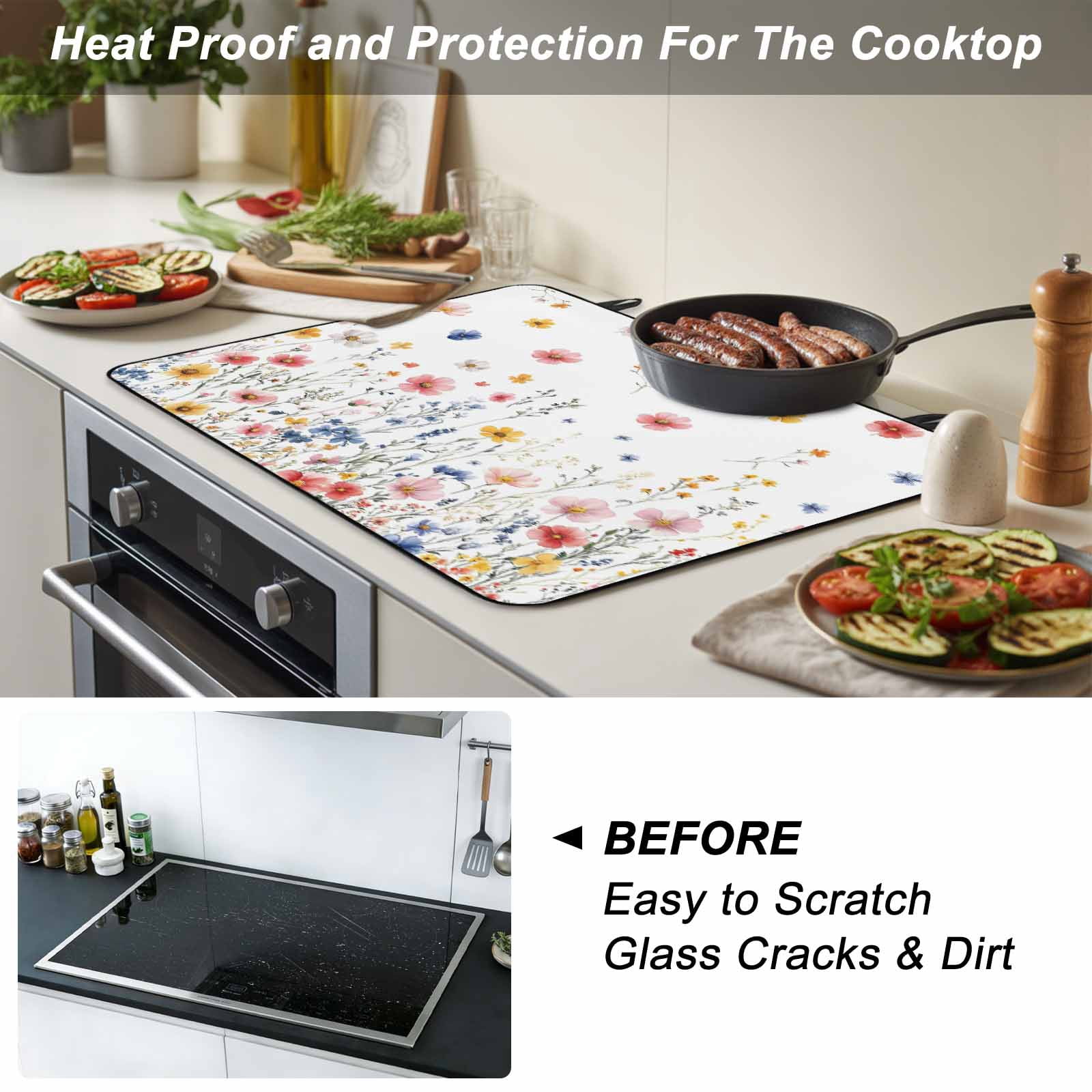 Blue Flowers Stove Top Cover for Electric Stove, Heat-proof & Non Slip Glass Top Stove Cover Protector, Pink Watercolor Botanical Garden Floral Kitchen Flat Cooktop Rubber Mat 24x21 Inches