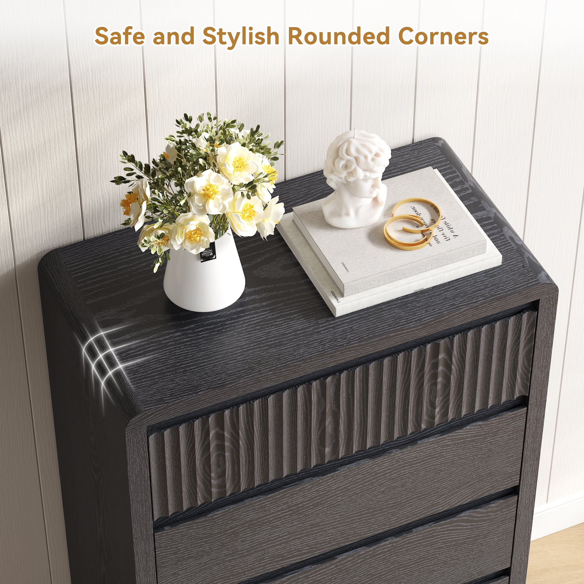 ASTUVIA 5 Drawers Dresser for Bedroom, 48.4" Tall Chest of Drawers with Curved Profile Design, Mid Century Fluted Storage Dressers Organizer,Black