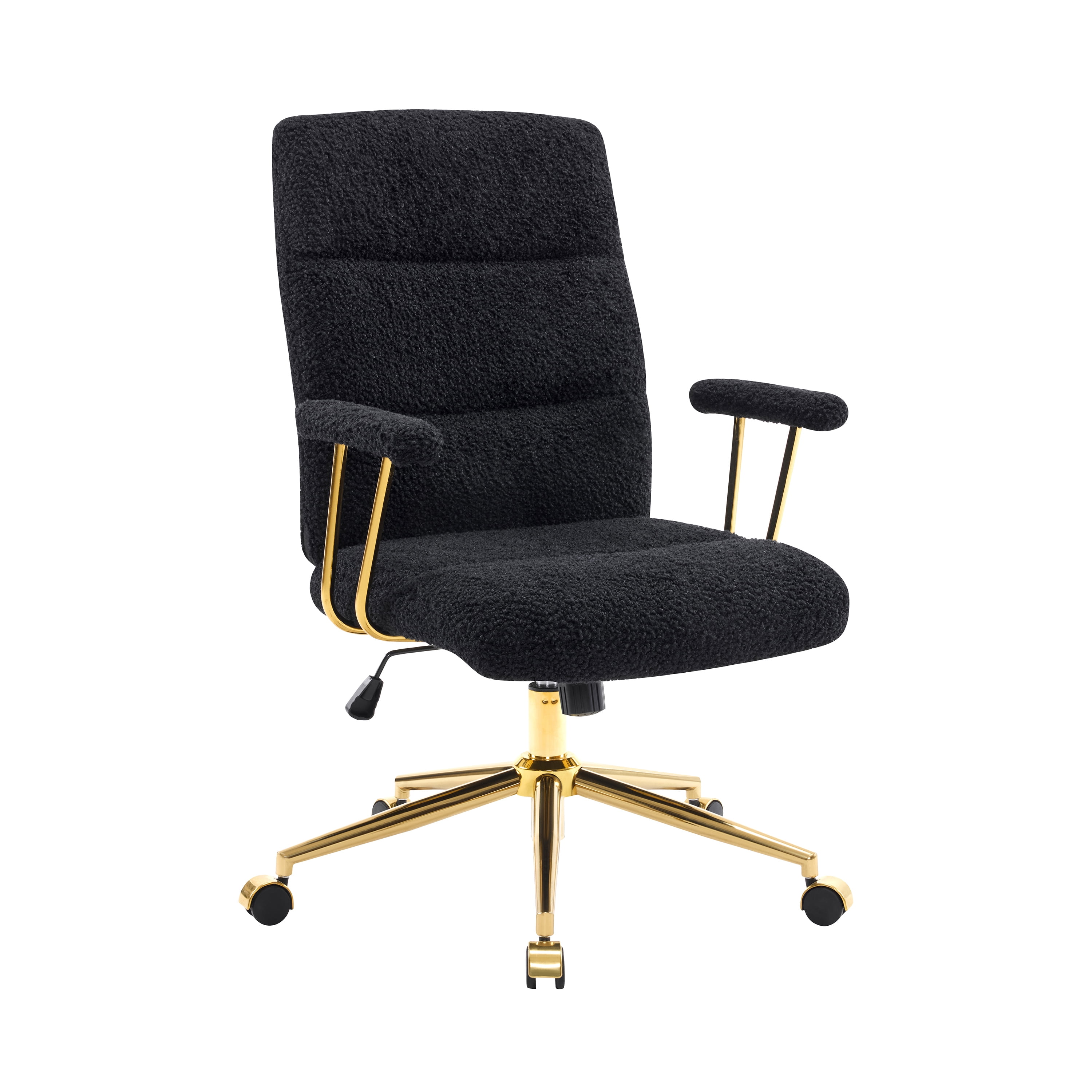 Textured Boucle Fabric Black and Gold Office Chair, Modern Height Adjustable Desk Chair with Padded Arms