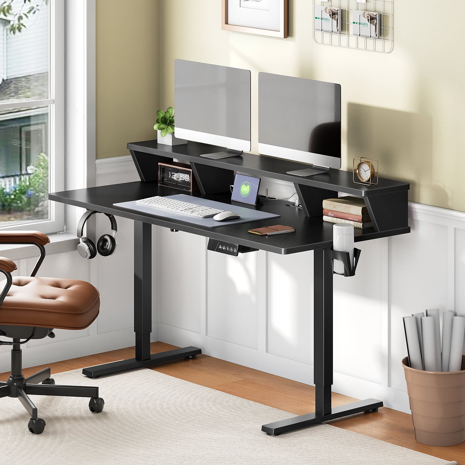 Adjustable Standing Desk with Charging Station - 3 Memory Presets Monitor Shelf Black Gray