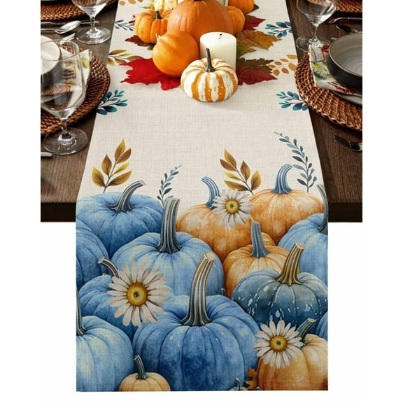 Thanksgiving Fall Blue Pumpkin Flower Table Runner-36 Inch Long Autumn Botanical Table Runners Linen Burlap Tablerunner for Kitchen Dining Room Holiday Party