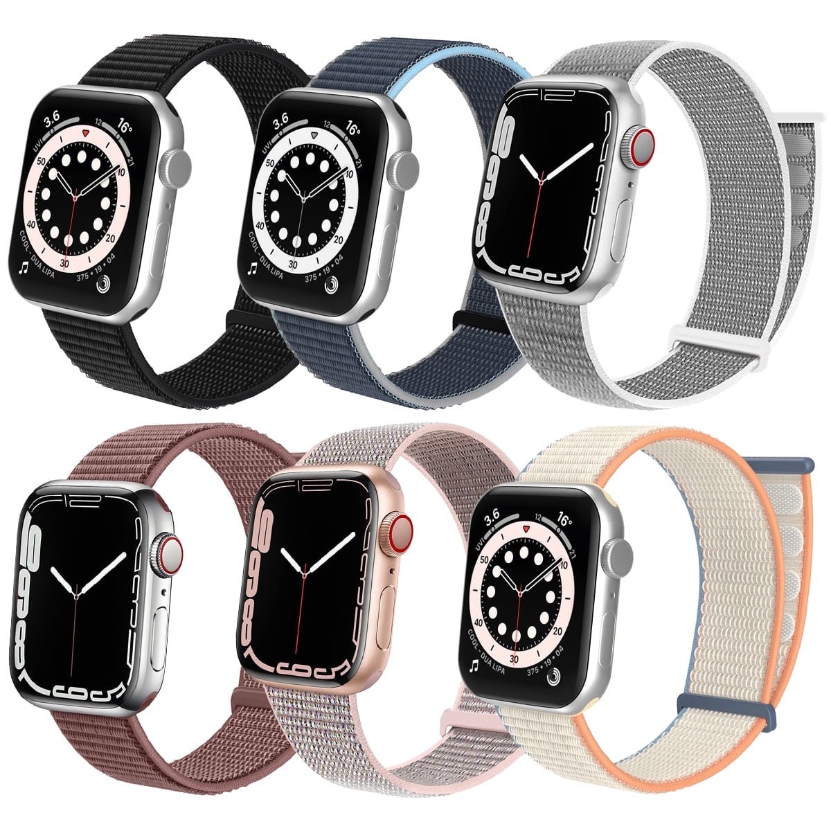 ZSOU 6 Pack Nylon Velcro Fitness Watch Bands for Apple Watch 42mm(Series 1-3)/44/45/46/49mm - Black, Dark Gray, White, Maroon, Pink, Cream