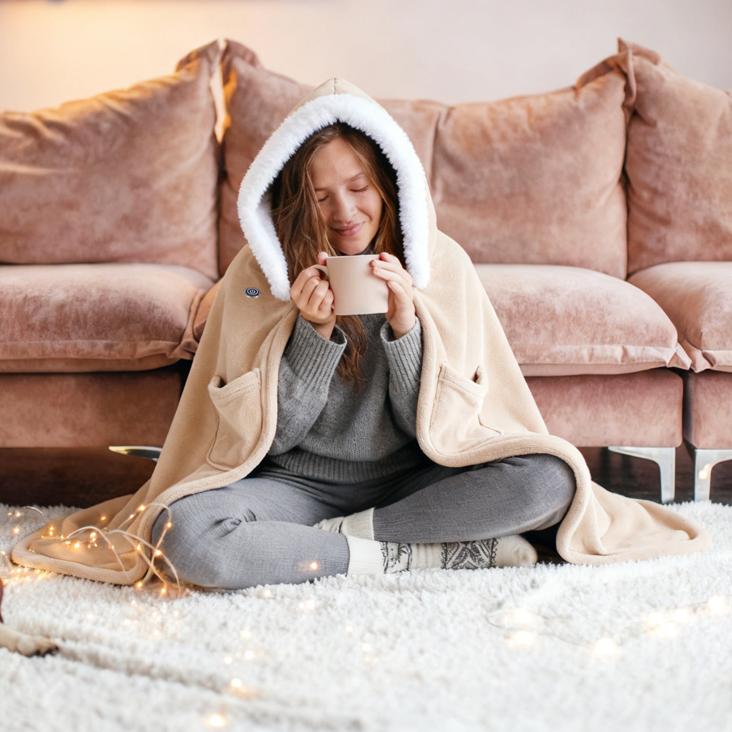 Imountek Wearable Heated Blanket with 8 Heating Zones, 3 Temperature Levels, Machine Washable Flannel, Portable USB Electric Heating Throw for Indoor Outdoor Use, Beige