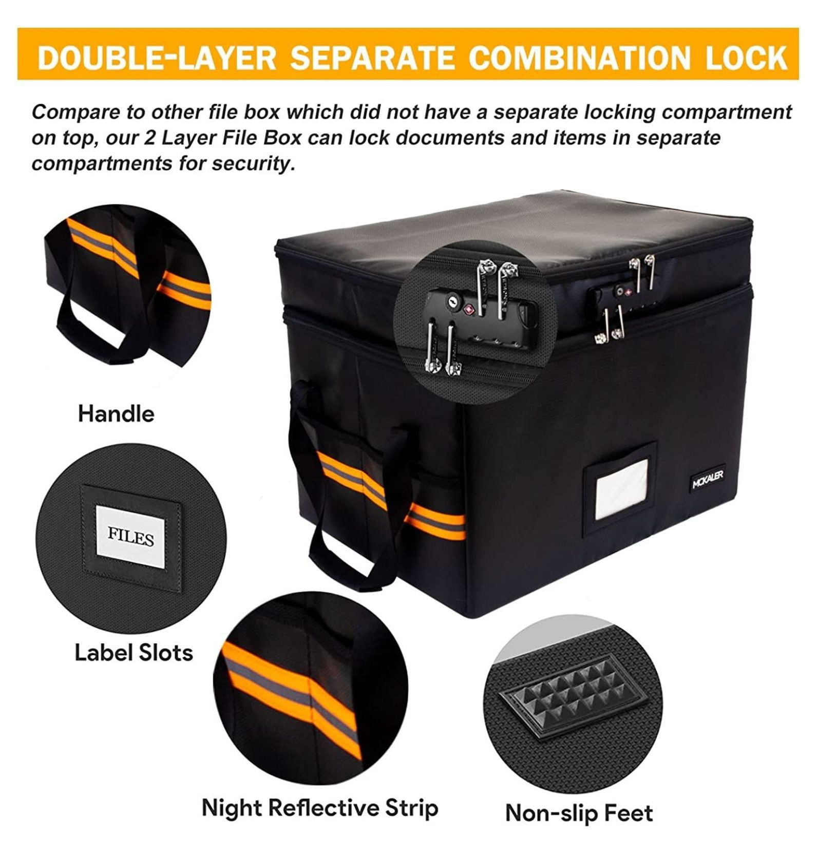 File Box; Fireproof Document Box; with Lock; Upgraded 2 Layer Water-resistant Organizer; Portable; Collapsible Storage Cabinet; Reflective Strip Black