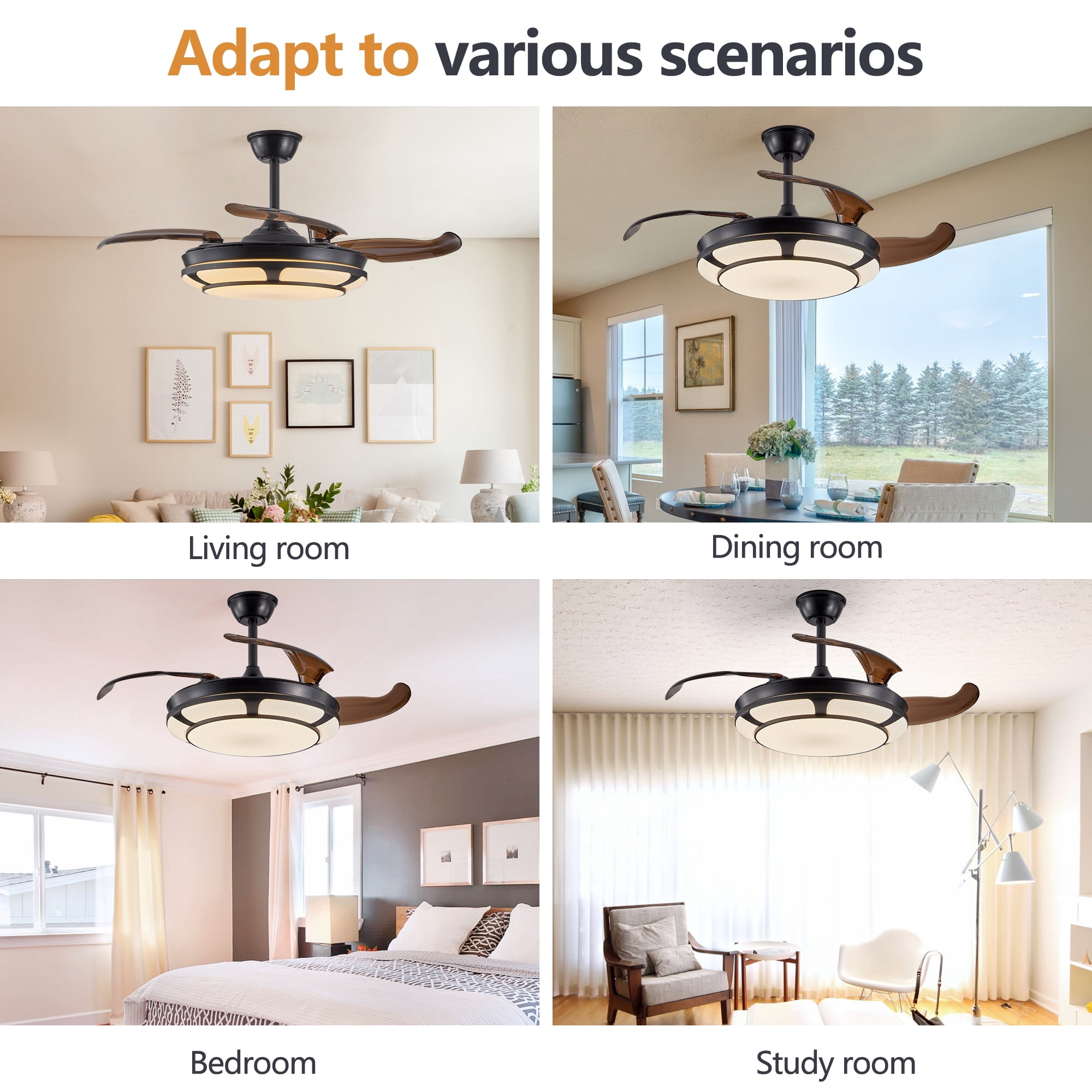 Leumius 42" Retractable Ceiling Fan with Light, Modern LED Chandelier Fan with Remote Control, 6 Speed Adjustable Blades,Quiet DC Motor,Dimmable Lighting for Living Room Bedroom Dining Room