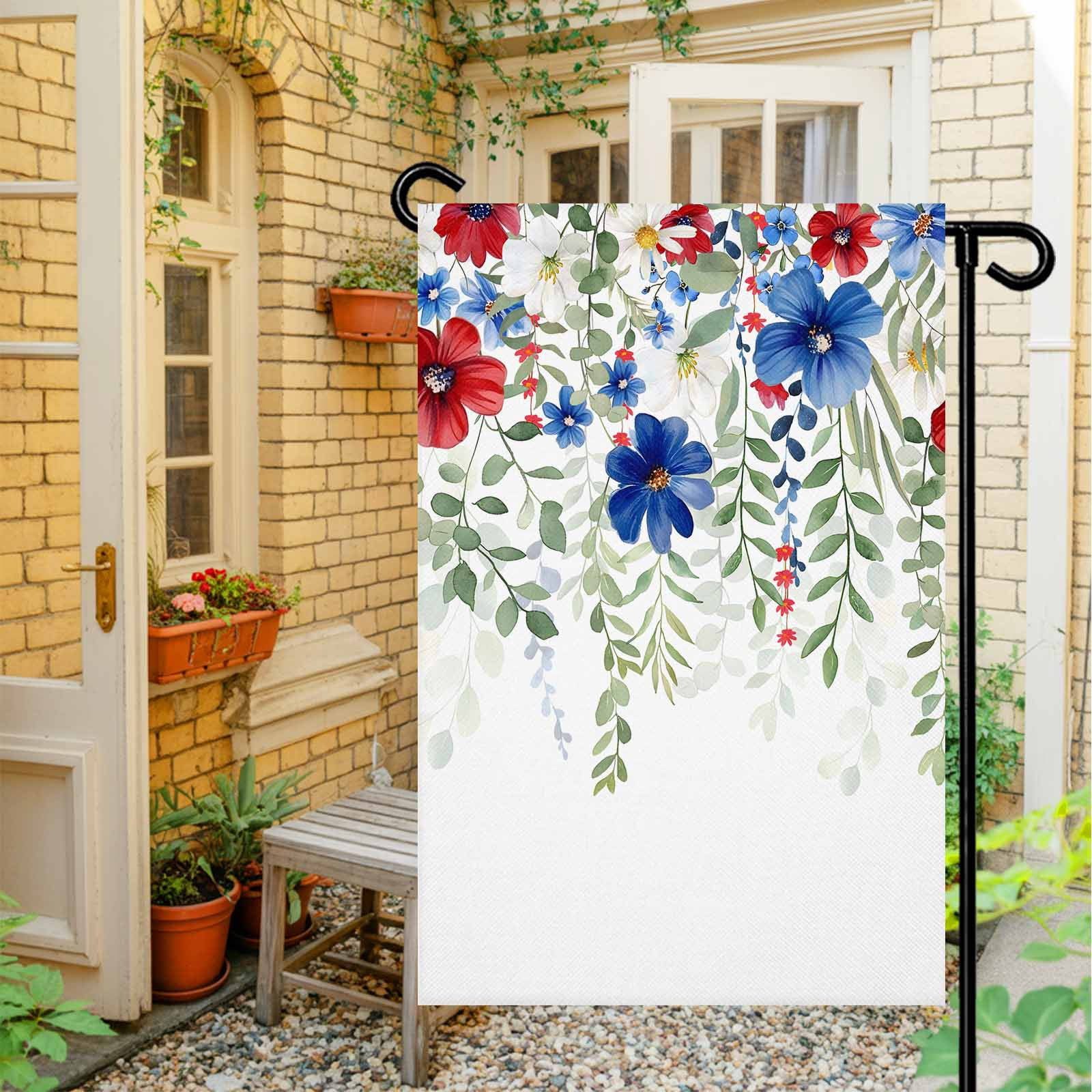 4th of July Garden Flags Red Blue Floral Garden Flag Double Sided Welcome Flag Eucalyptus Leaf Branch Independence Day Yard Flags for Outdoor Lawn Porch Memorial Day Holiday Decor 28x40 Inch