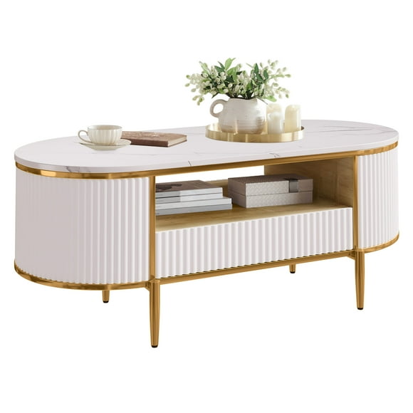 Modern Luxury Fluted Oval Coffee Table – 47.24" Faux Marble Top – Storage Drawer – Gold Metal Legs – Curved Center Table for Living Room – White