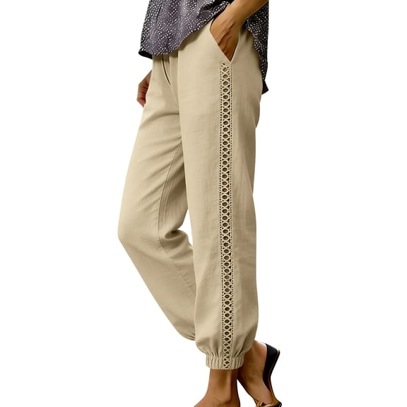 Inleife Womens Breathable Summer Beach Pants Ladies Lace Trim Elastic Waist Joggers with Pockets Casual Trousers for Daily Wear