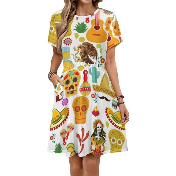 Fiesta Time! Mexican Icons Dress Fashion Beach Short Sleeve Dresses Female Party Printed Sundress