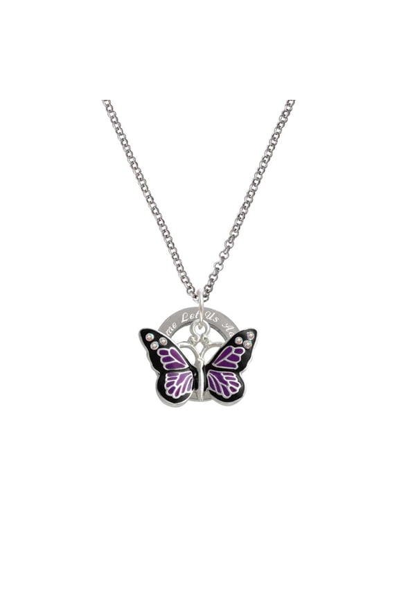 Silvertone Large Purple Butterfly with 6 AB Crystals Oh Come Let Us Adore Him Affirmation Ring Necklace