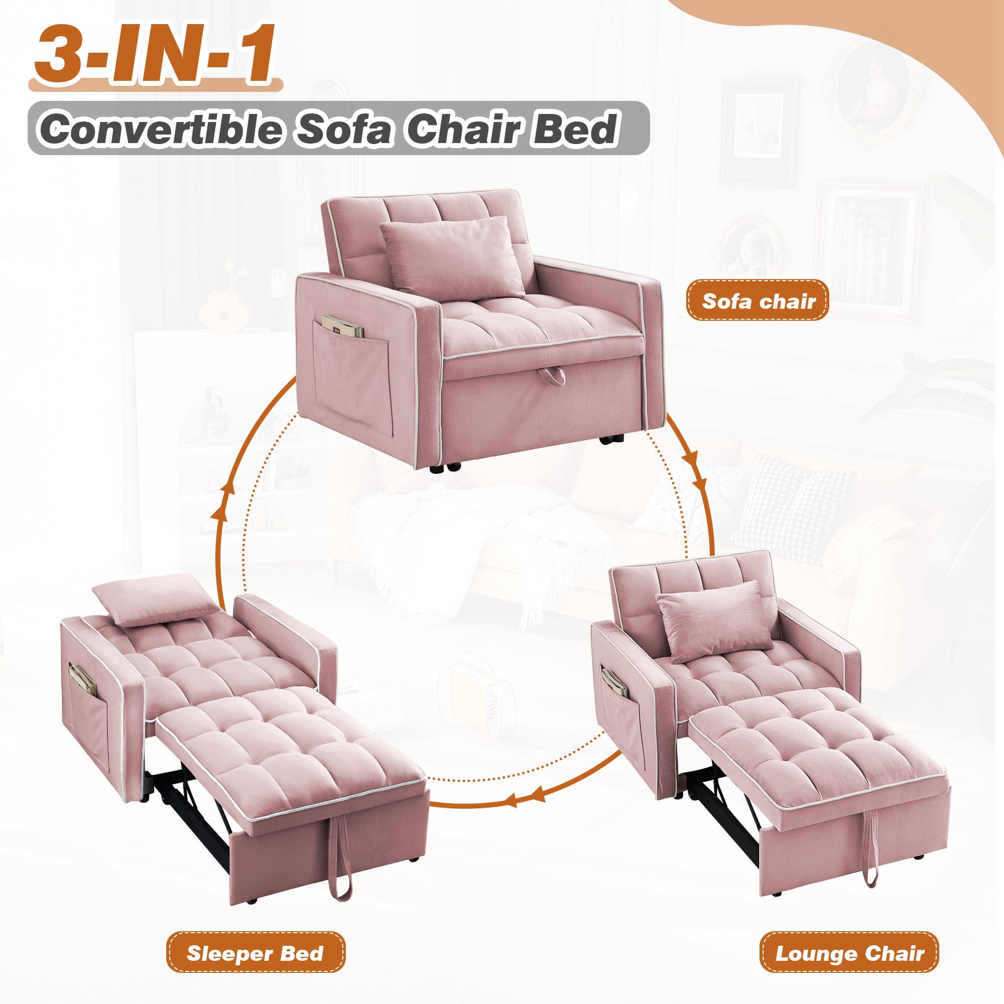 Dinosisco 4-in-1 Convertible Chair Bed, Sleeper Chair Lounge Chair Indoor, Modern Single Pull Out Couch for Living Room, Pink Velvet
