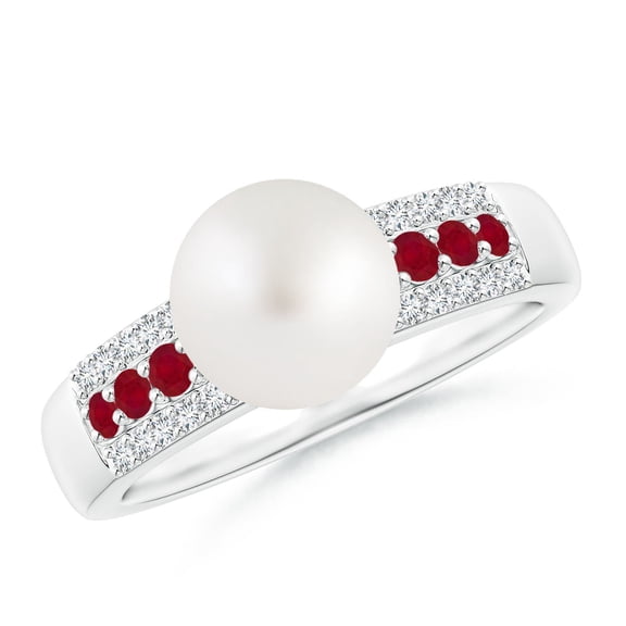 ANGARA South Sea Cultured Pearl Ring with Rubies in 14K White Gold for Women | June Birthstone, Birthday, Anniversary, Jewelry Gift for Women | Pearl Ring