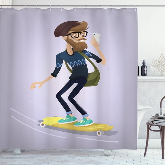 Hipster Shower Curtain, Young Bearded Man in Casual Clothes on a Longboard Talking a Photo Urban Character, Fabric Bathroom Set with Hooks, 69W X 84L Inches Extra Long, Multicolor, by Ambesonne