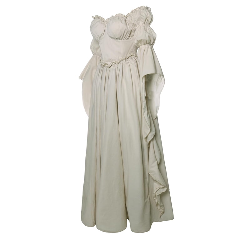 beige medieval dress Puff Sleeve Dress, Off Shoulder Puff Sleeve Renaissance Ball Gown, Ruffled Chiffon Vintage Medieval Princess Cosplay Maxi for Halloween Wedding Party, XXL Medieval style