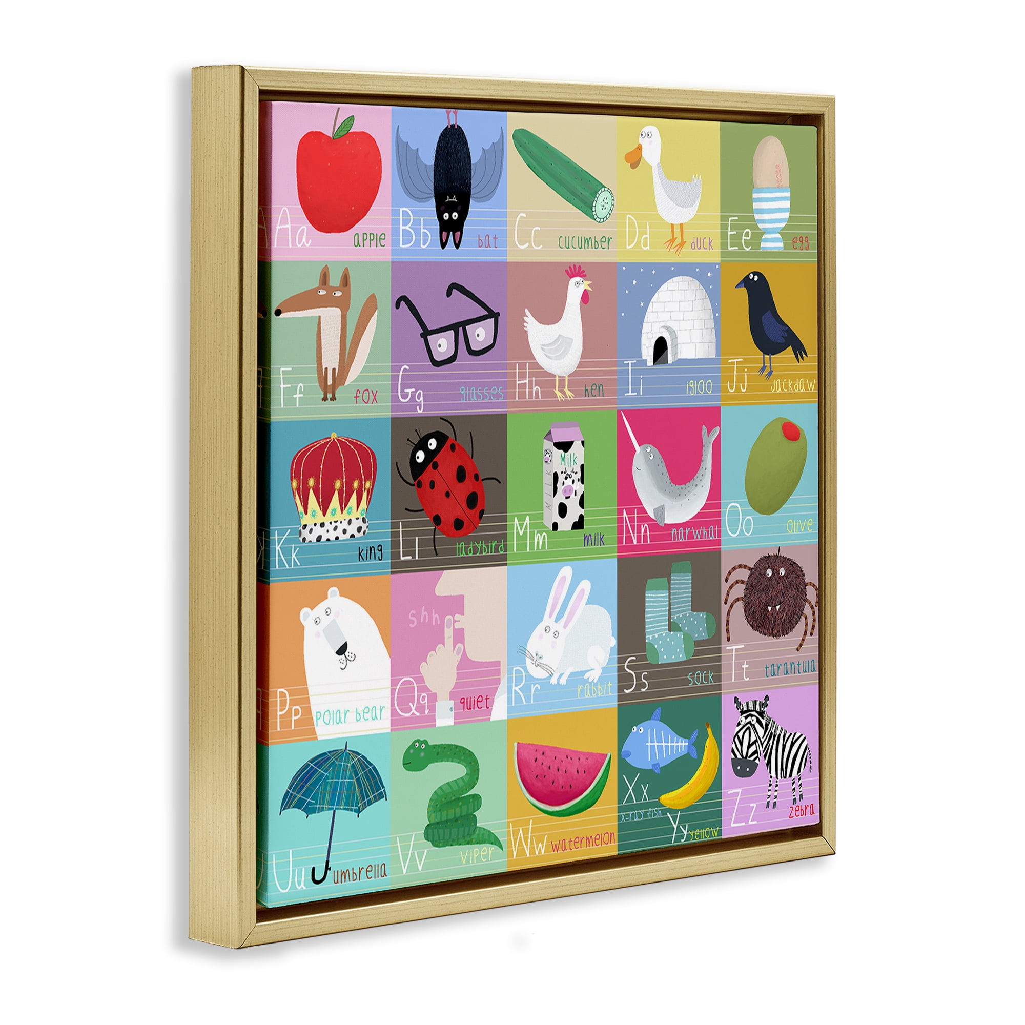 Stupell Industries Alphabet Learning First Words Gold Framed Floater Canvas Wall Art, design by Carla Daly