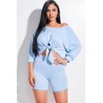 thumbnail image 2 of Solid French Terry Tie Front Off The Shoulder Slouchy Top And Shorts Two Piece Set, 2 of 9