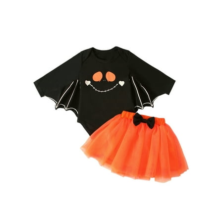 

My 1st Halloween Baby Girl Outfit Pumpkin Batwing Sleeves Romper Jumpsuit and Bowknot Tutu Skirt Clothes Set