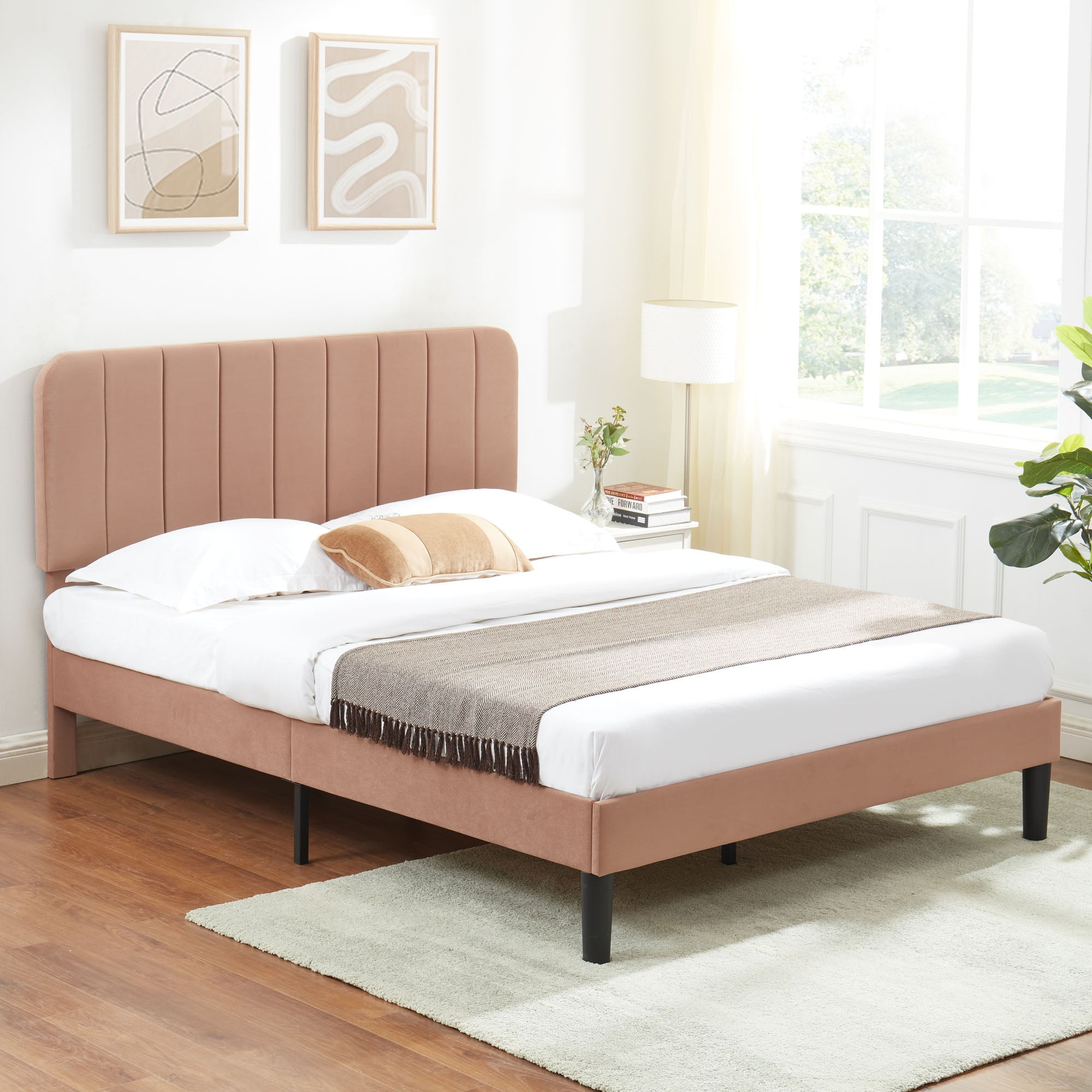 VECELO Full Size Bed Frame with Upholstered Headboard, Velvet Platform Bedframe Mattress Foundation, Strong Wood Slat Support, No Box Spring Needed,Velvet Coffee