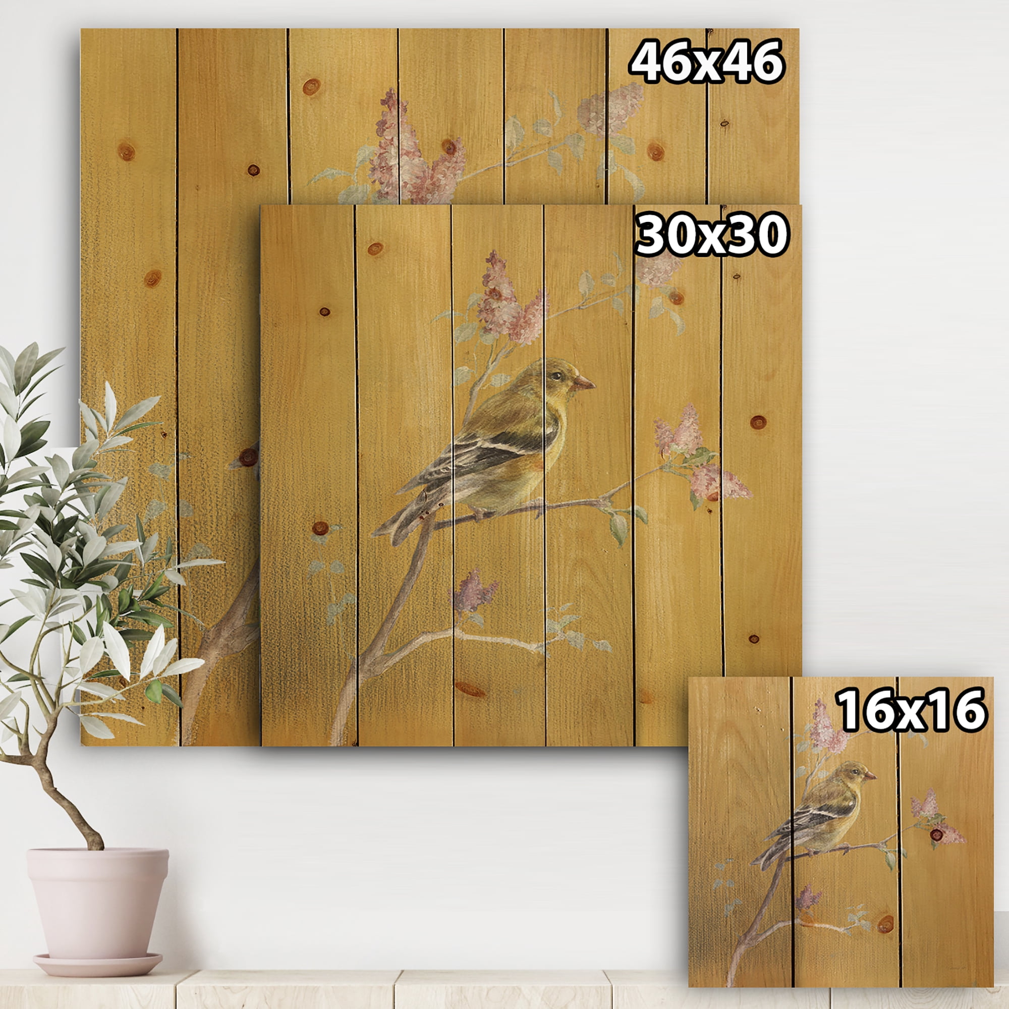 Designart 'Gold Bird Sitting on Blossoms III' Farmhouse Print on Natural Pine Wood