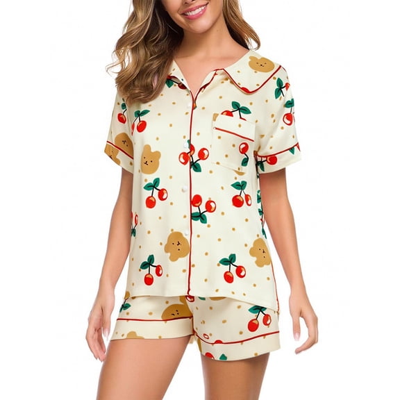 Wzxfashion PJ Sets for Women Soft Summer Short Sleeved Lapel Shirt Set Shorts Plus Size Home Clothes Womens Pajama Sets