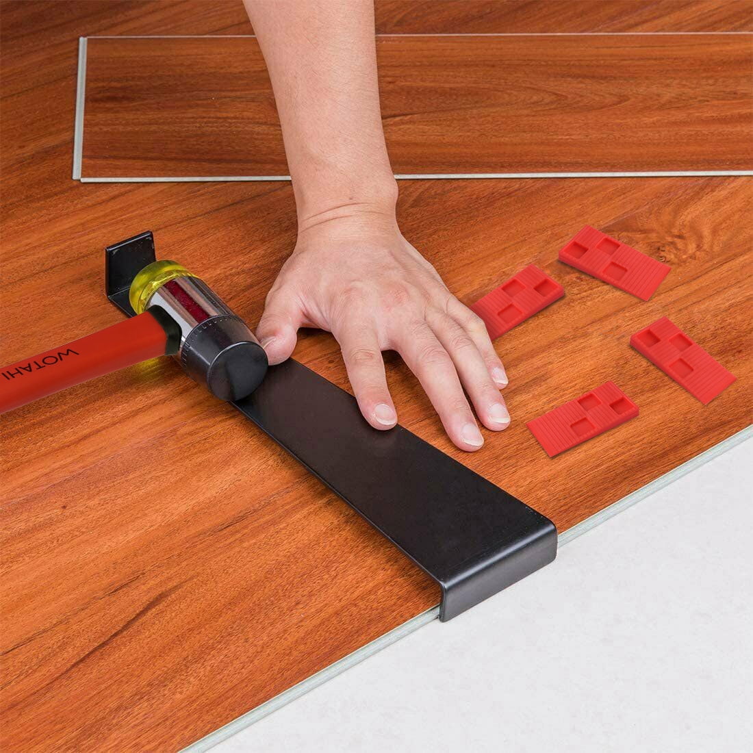 WOTAHI 43-Piece Pro Laminate Flooring Installation Tools Kit - 35 mm Double-Faced Fiberglass Handle Hammer, 40 Floor Spacers, Heavy Duty Pull Bar and Tapping Block for Hardwood, Laminate and Vinyl