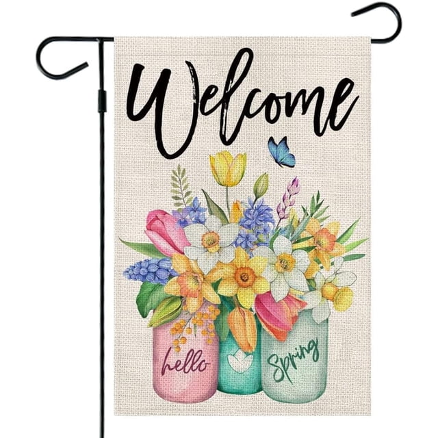 Spring Garden Flag Floral Mason Jar 12×18 Inch Double Sided for Outside Small Burlap Welcome Yard Flag