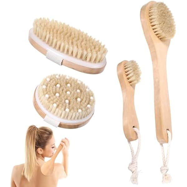 wonima11 4 Pcs Dry Brushing Body Brush for Lymphatic Drainage, Pore Cleaning Brush Set Long Handle Back Scrubber for Shower, Soft Dry Brush for Body Face, Bath Brushing Cellulite Exfoliating Brushes